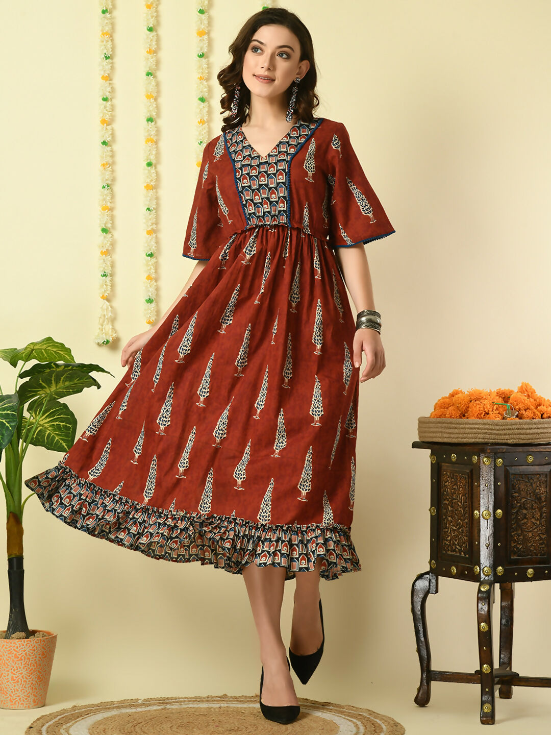 Myshka Women's Rust Printed Cotton Party Dress | Grocsy