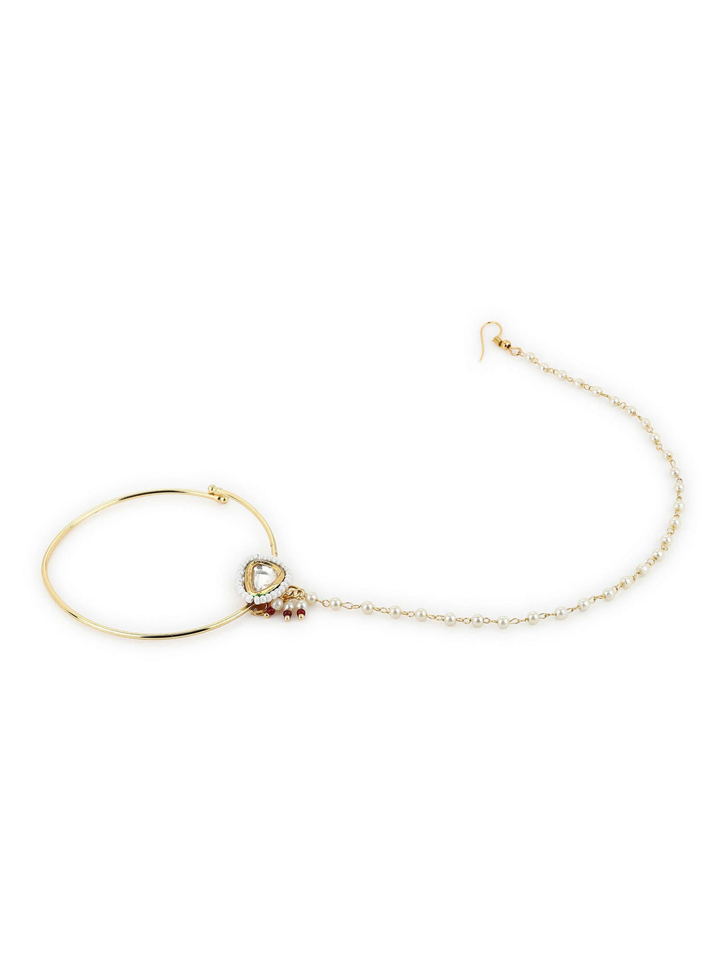 Gold-Polished White Kundan Studded Nose Pin With Beaded Extension - Ruby Raang | Grocsy