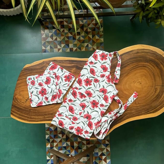 Oak & Lily 100% Cotton Kitchen Apron-Red Poppy Flower | Grocsy