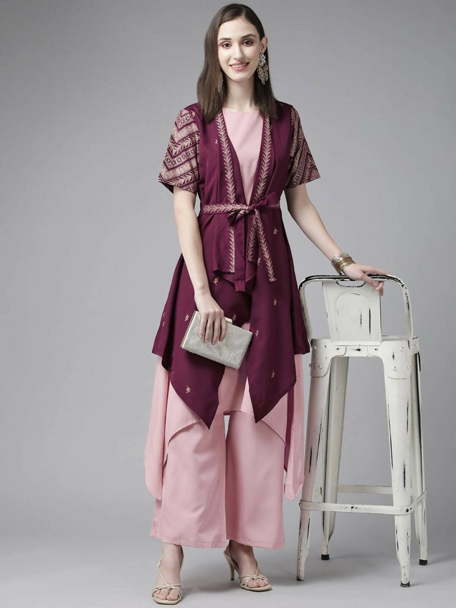 Ahalyaa Women Rose Pink Crepe Kurta Palazzos Set With Burgundy Jacket | Grocsy