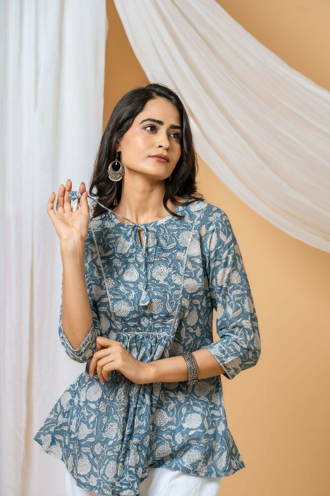 Joban Fashion Blue Floral Hand Block Printed Cotton Co-Ord Set | Grocsy