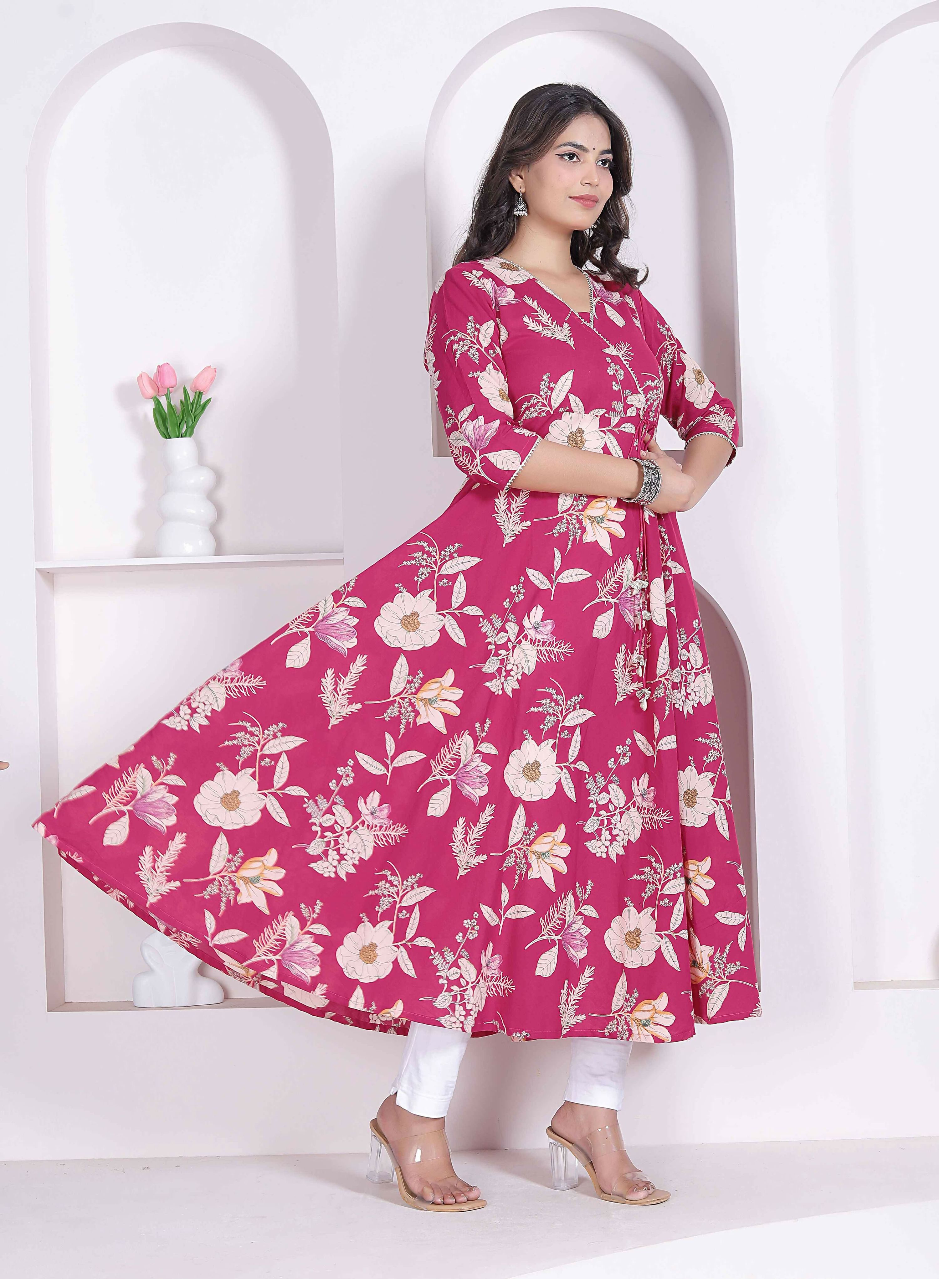 Miravan Womens Pink Floral Printed Angrakha Kurta | Grocsy