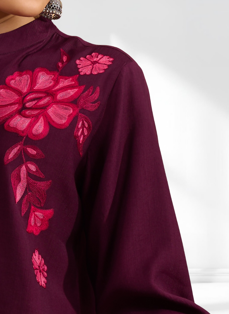 Joban Fashion Wine Silk Embroidered Readymade Tunic | Grocsy