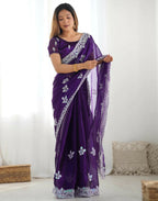 Joban Fashion Shimmer Chiffon Pastel Purple Color Sequence Saree | Grocsy