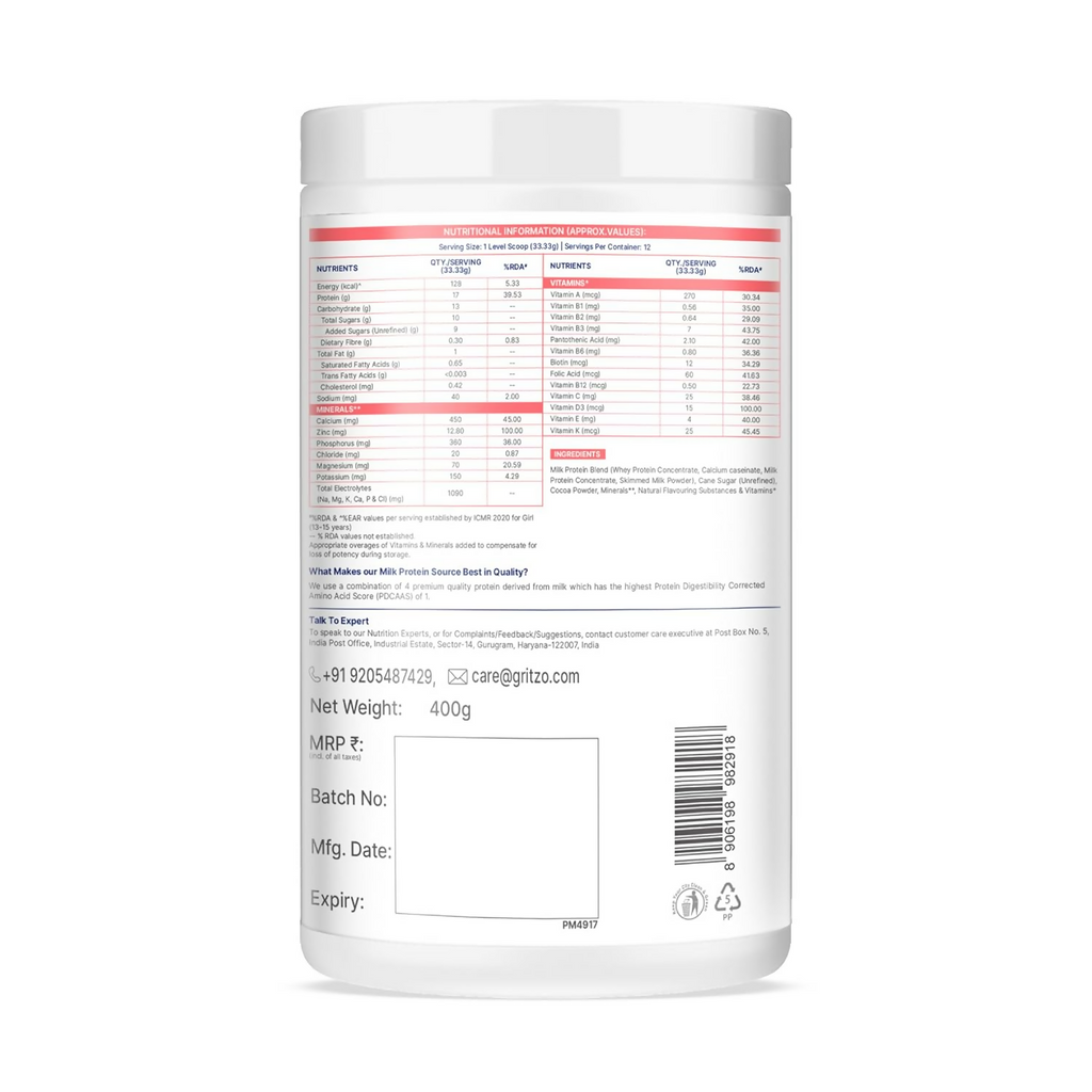 Gritzo SuperMilk Athlete (13+y Boy & Girl),17g Protein Powder - Double Chocolate | Grocsy