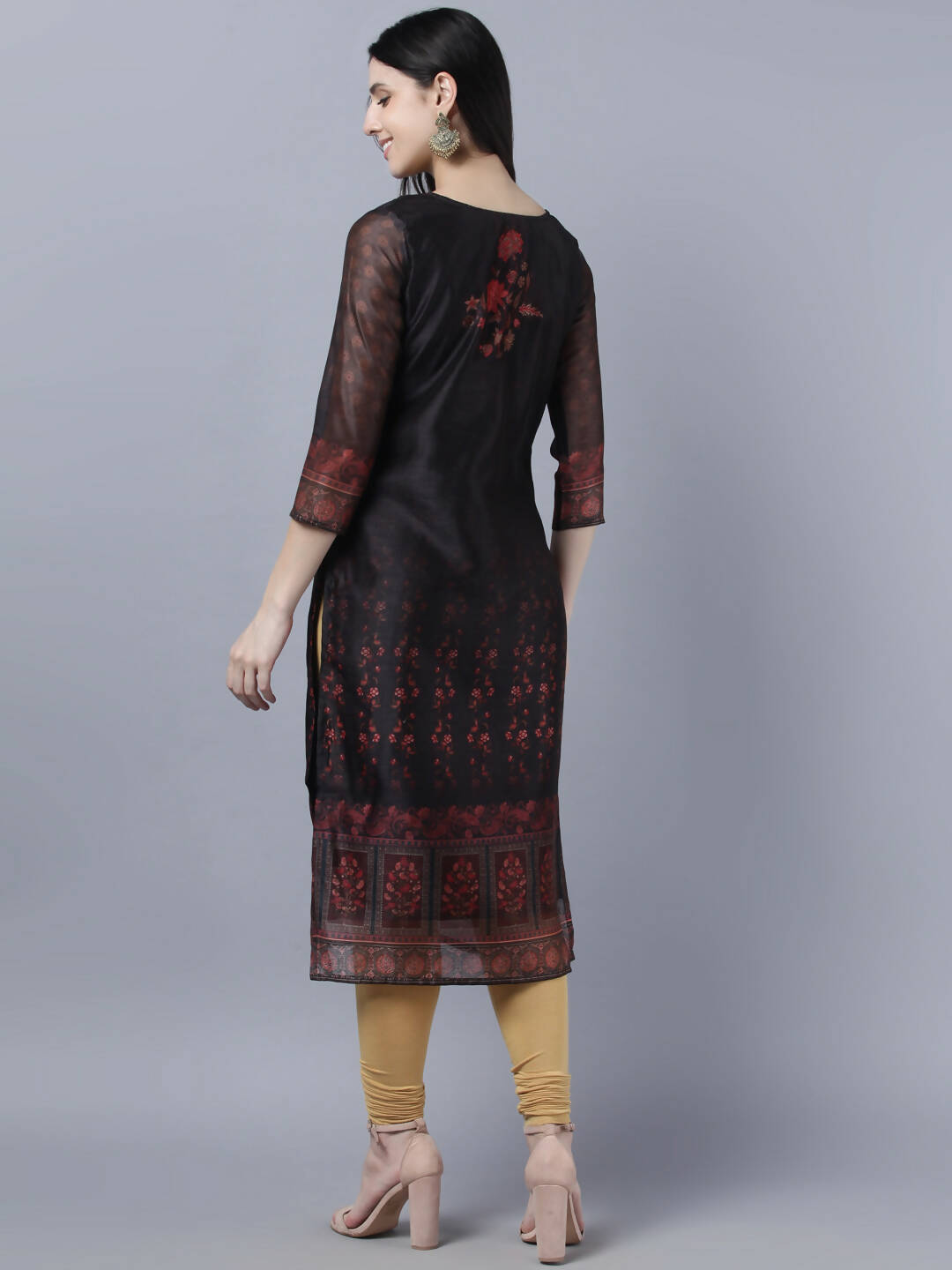 Myshka Women Black Red Floral Printed Chanderi Silk Kurta | Grocsy