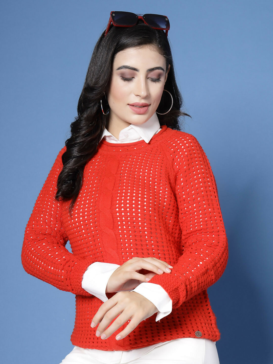 Women Pointelle Rust Acrylic Winter Sweater - Wool Trees | Grocsy