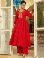 Janasya Maroon Rayon Yoke Embroidery Kurta & Bottom | Grocsy