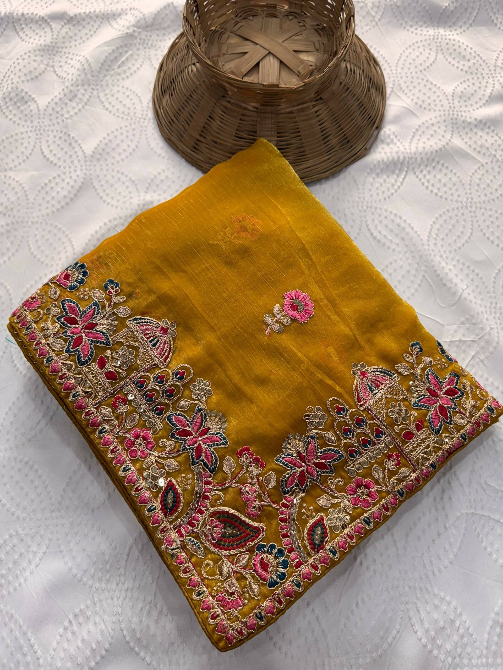 Teeya Creation New Womens Latest Party Wear Soft Chiffon Silk Saree-Yellow | Grocsy