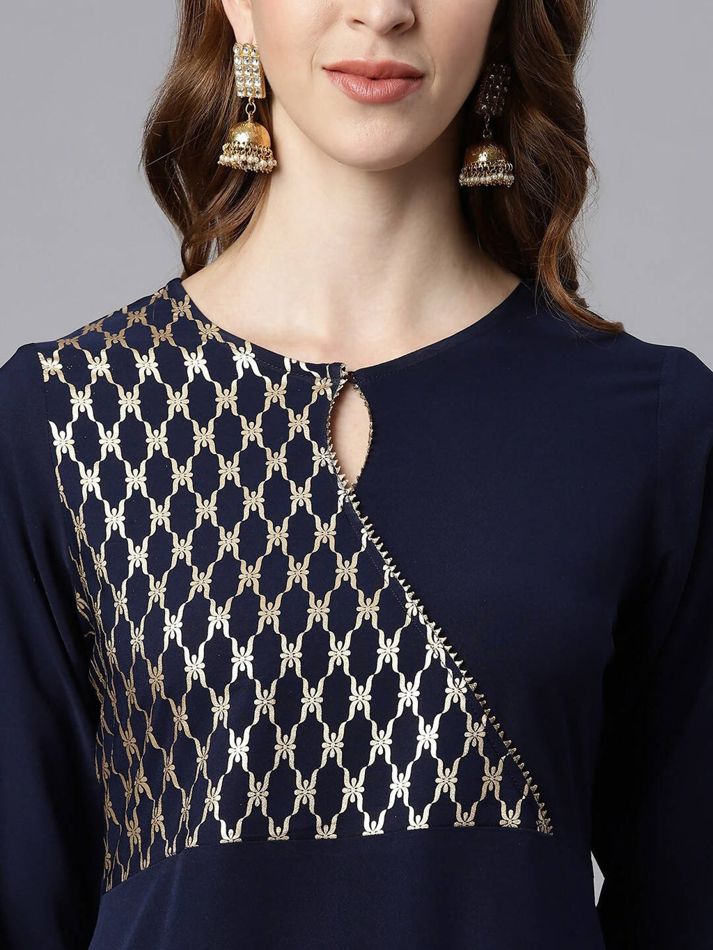 Janasya Women Navy Blue & Gold-Toned Printed Yoke Design Keyhole Neck Crepe Anarkali Kurta | Grocsy