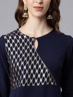 Janasya Women Navy Blue & Gold-Toned Printed Yoke Design Keyhole Neck Crepe Anarkali Kurta | Grocsy