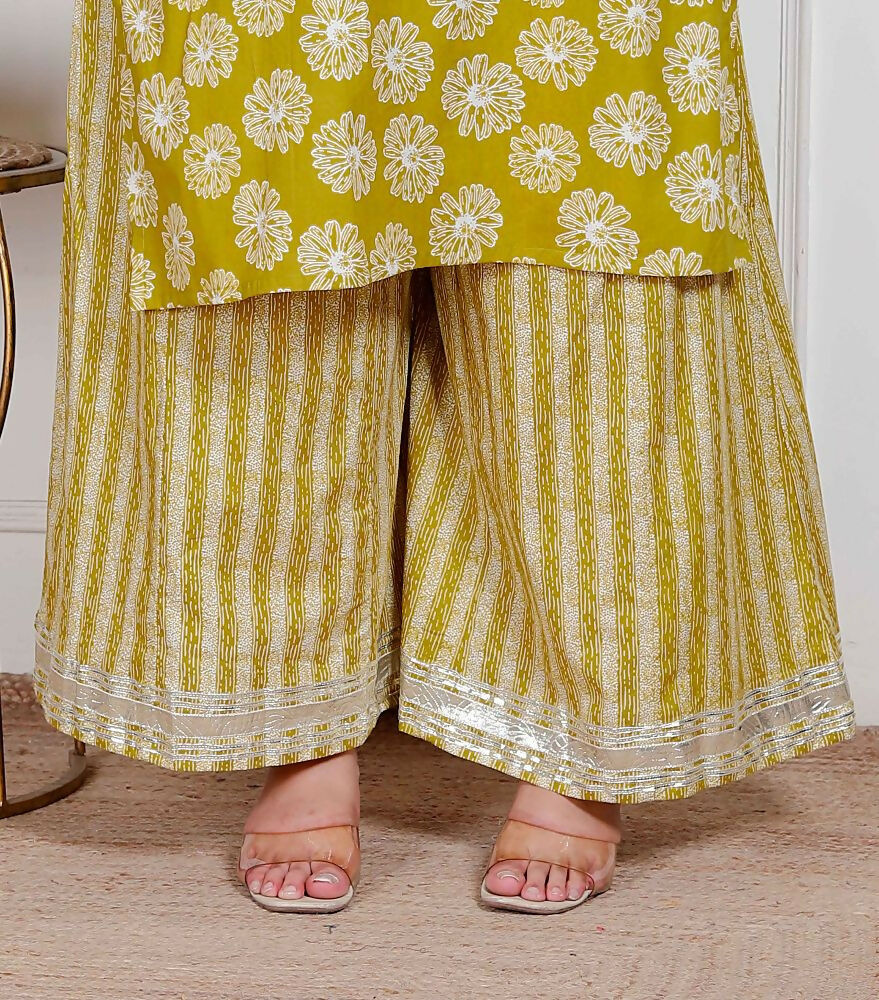 Miravan Plus Size Women'S Lime Yellow Block Printed Kurta With Palazzo | Grocsy