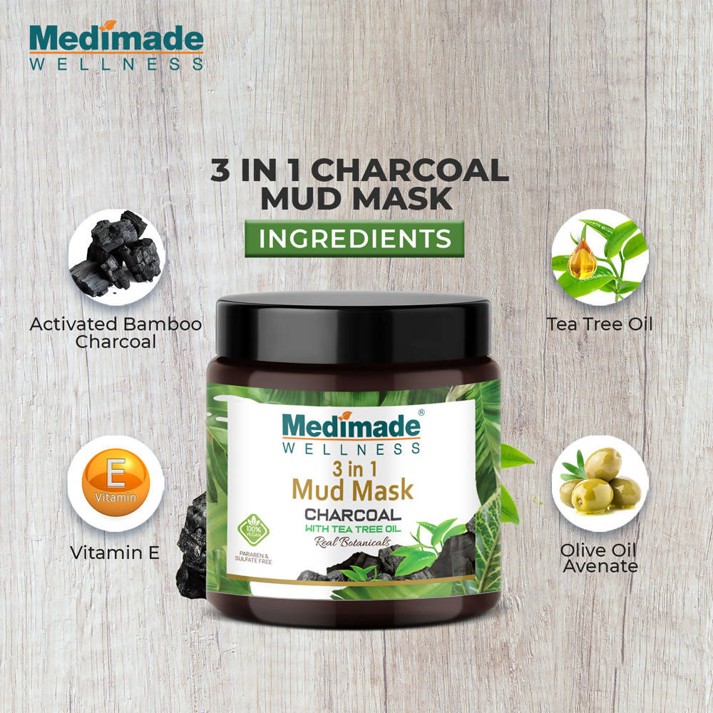 Medimade Wellness 3 in 1 Mud Mask Charcoal with Tea Tree Oil | Grocsy