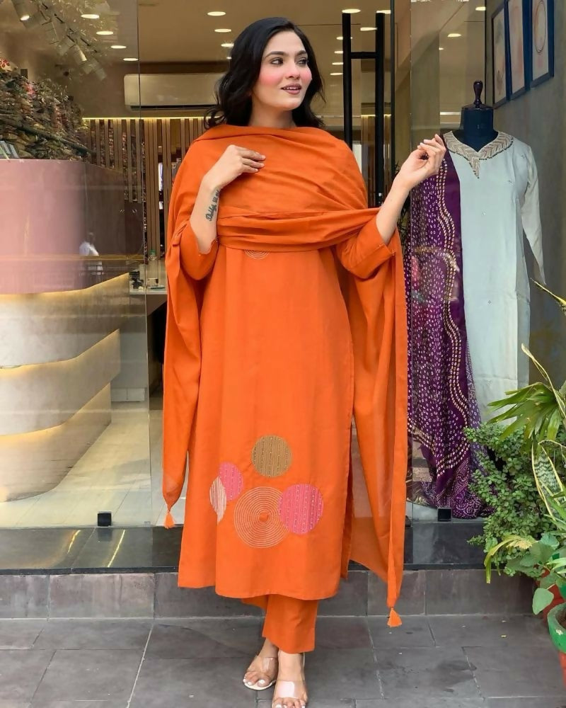 Teeya Creation Women Orange Geometric Embroidered Straight Kurta with Pants and Dupatta Set | Grocsy