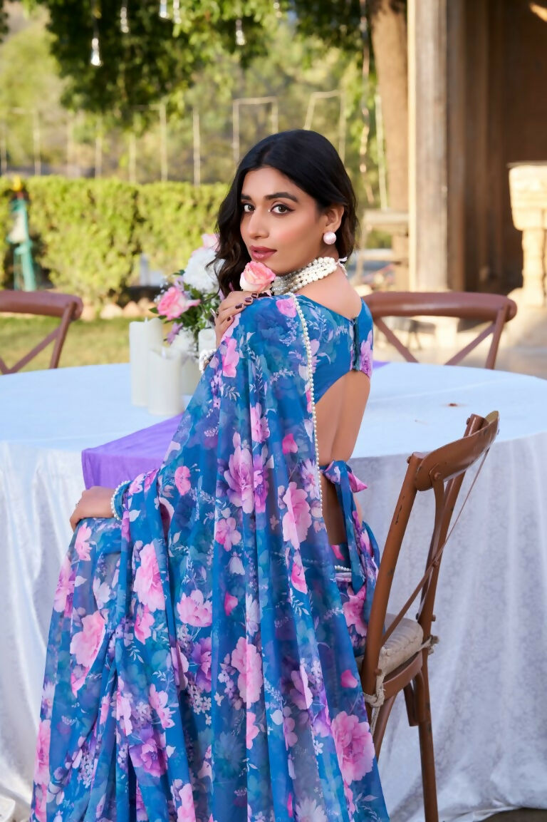 Vastranavya Blue Weightless Marble Printed & Pearl Lace Border Saree with Unstitched Blouse | Grocsy