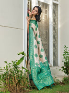 Shree Shyam Fashion Cream With Sea Green Silk Blend Saree | Grocsy
