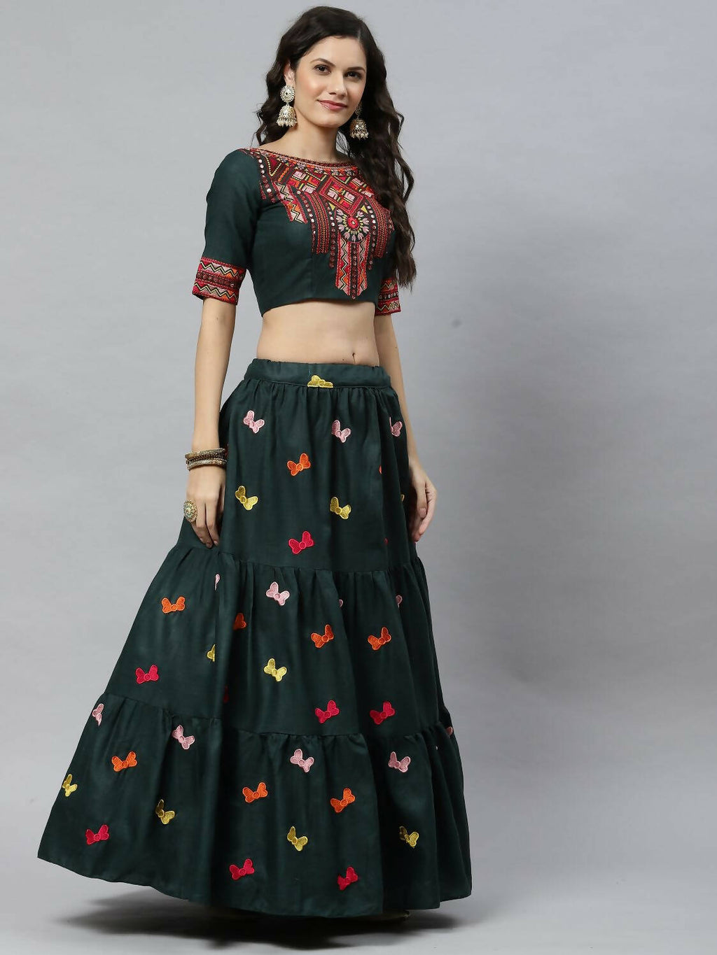 Dark Green Cotton Embroidered Work Lehenga Choli with Dupatta - Jivika | Grocsy