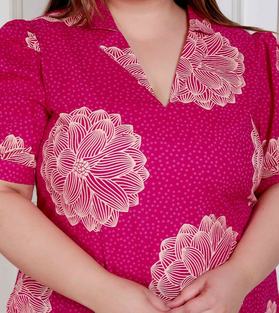 Miravan Plus Size Womens Pink Printed Collar Neck Short Puff Sleeves Cotton A-Line Maxi Dress | Grocsy