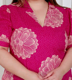 Miravan Plus Size Womens Pink Printed Collar Neck Short Puff Sleeves Cotton A-Line Maxi Dress | Grocsy