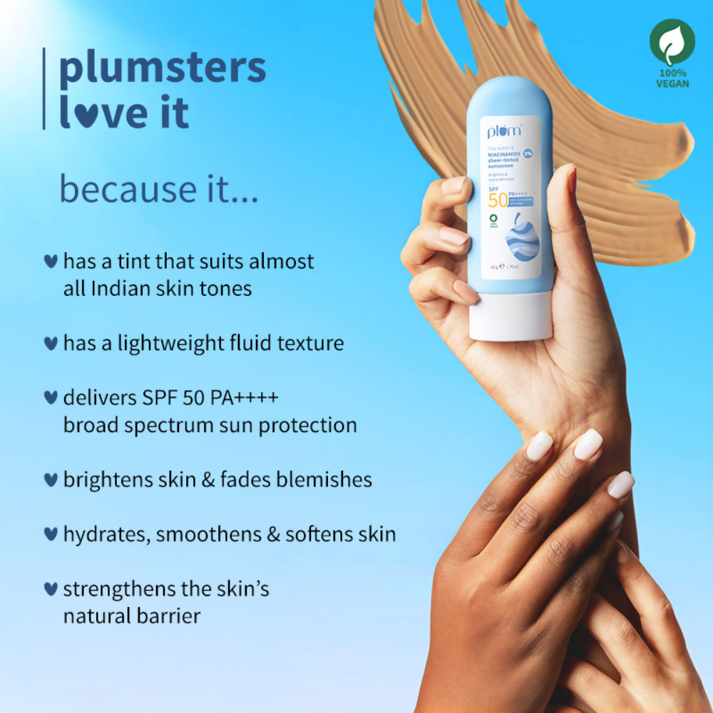 Plum Rice Water & 3% Niacinamide Sheer-Tinted Sunscreen With SPF 50 PA++++ For Oily To Normal Skin | Grocsy