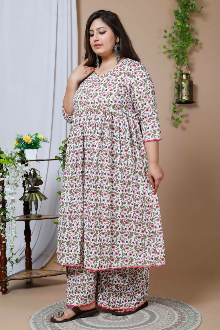 Miravan Women's Plus Size Cotton Floral Print Anarkali Kurta And Sharara Set | Grocsy