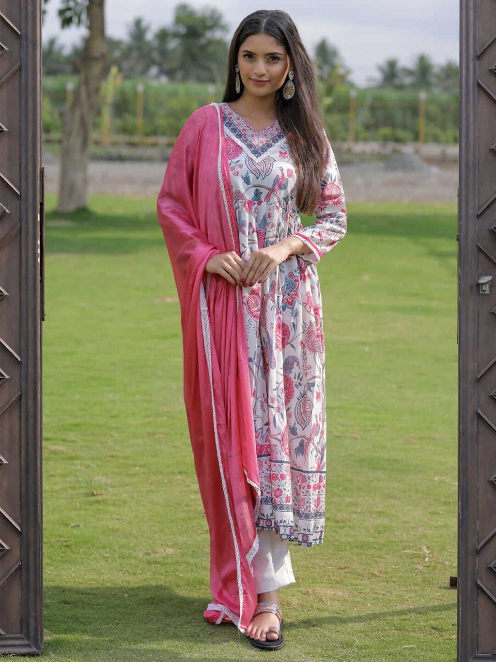 The52 Women's Beautiful Rayon Fabric Printed Work Flared Kurta Pant and Dupatta Set | Grocsy