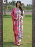 The52 Women's Beautiful Rayon Fabric Printed Work Flared Kurta Pant and Dupatta Set | Grocsy