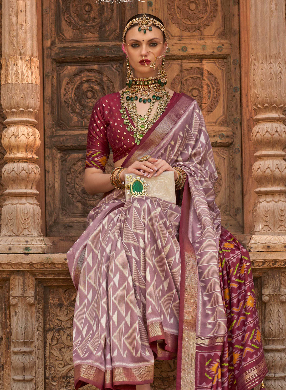 Lavender Silk Geometric Printed Saree With Unstitched Blouse Piece - Aanchal | Grocsy