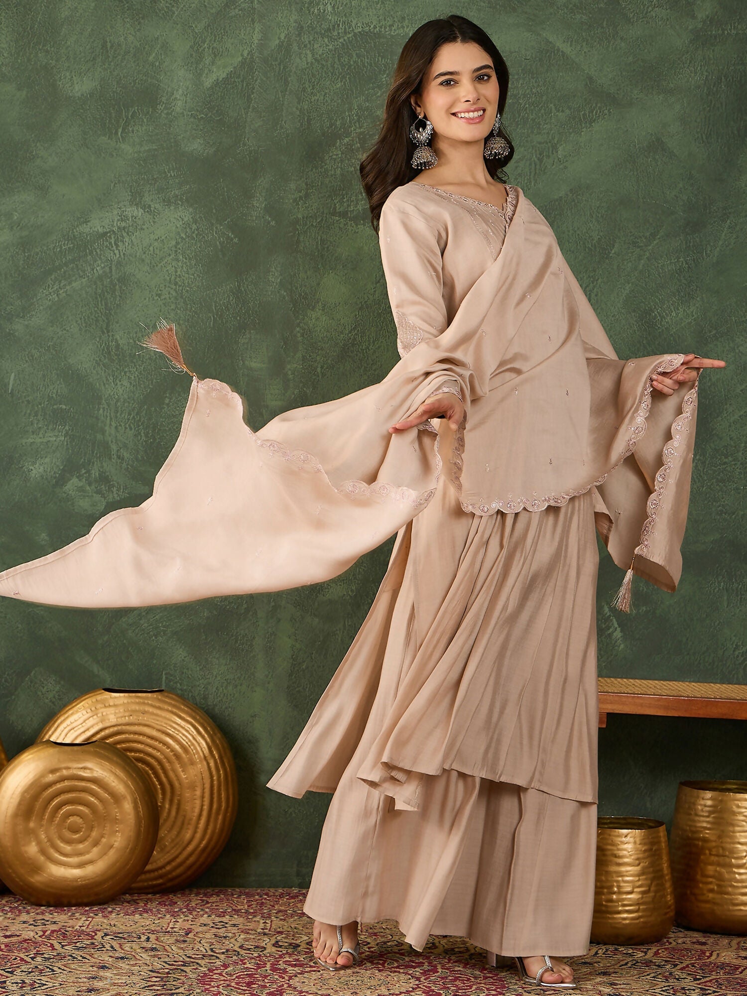 The52 Women's Beautiful Embroidery Work Silk Fabric Straight Kurta Palazzo and Dupatta Set-Beige | Grocsy