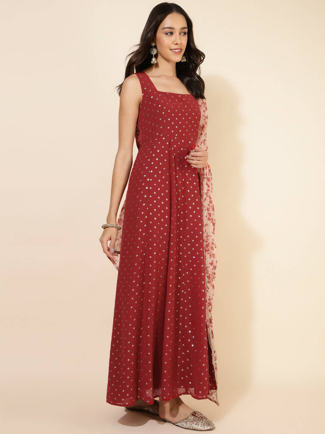 Janasya Women's Red Georgette Foil Printed Festive Anarkali Kurta Set | Grocsy
