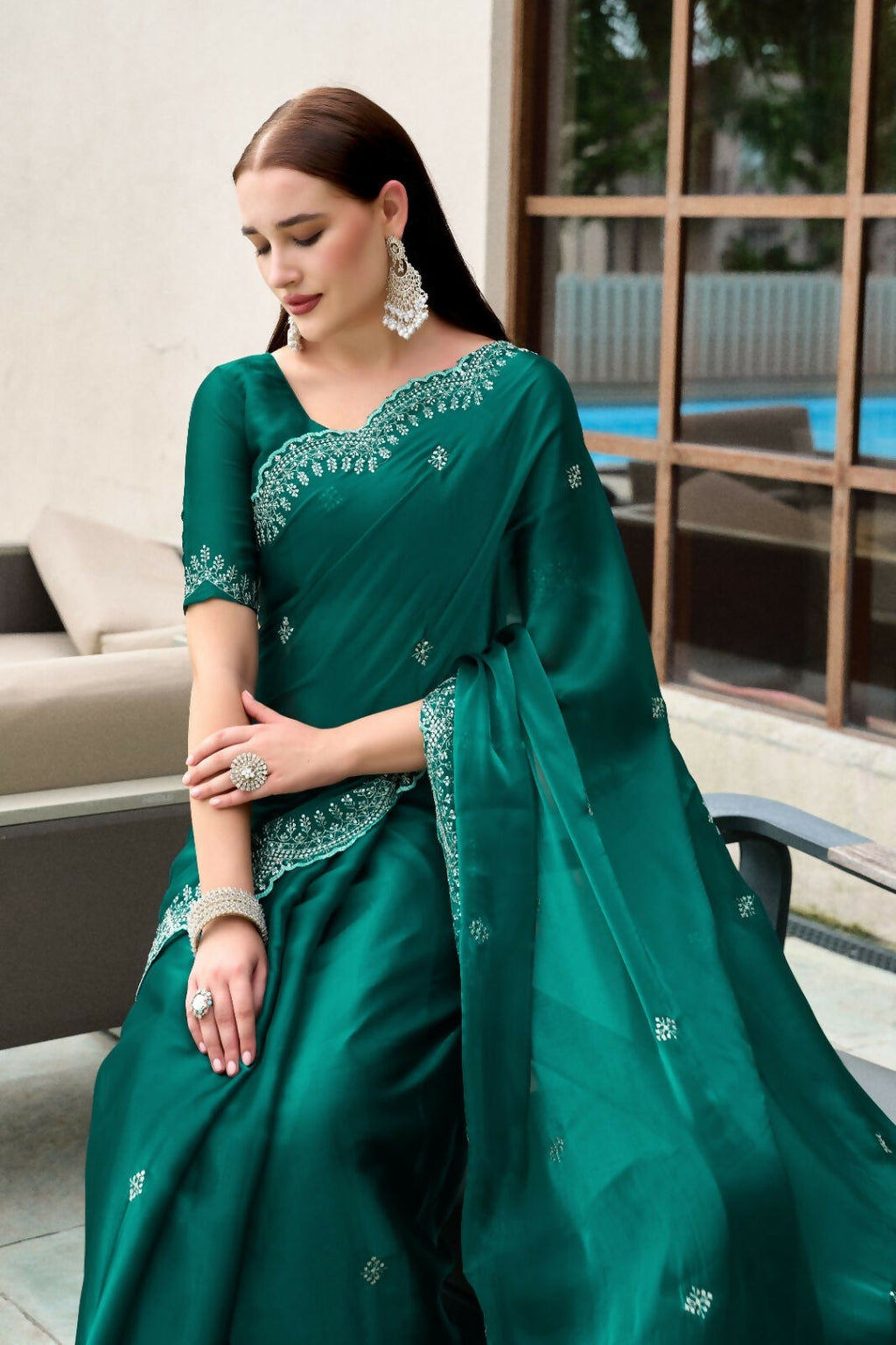 Vastranavya Rama Embroidery Work Shimmer Chiffon Saree with Unstitched Blouse | Grocsy