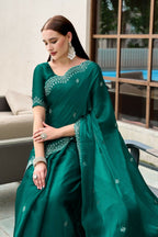 Vastranavya Rama Embroidery Work Shimmer Chiffon Saree with Unstitched Blouse | Grocsy