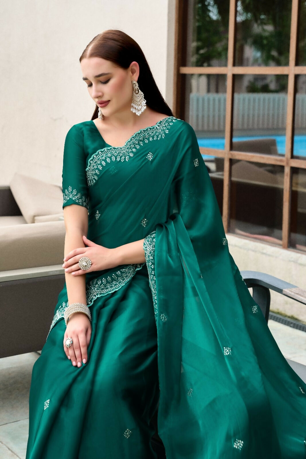 Vastranavya Rama Embroidery Work Shimmer Chiffon Saree with Unstitched Blouse | Grocsy