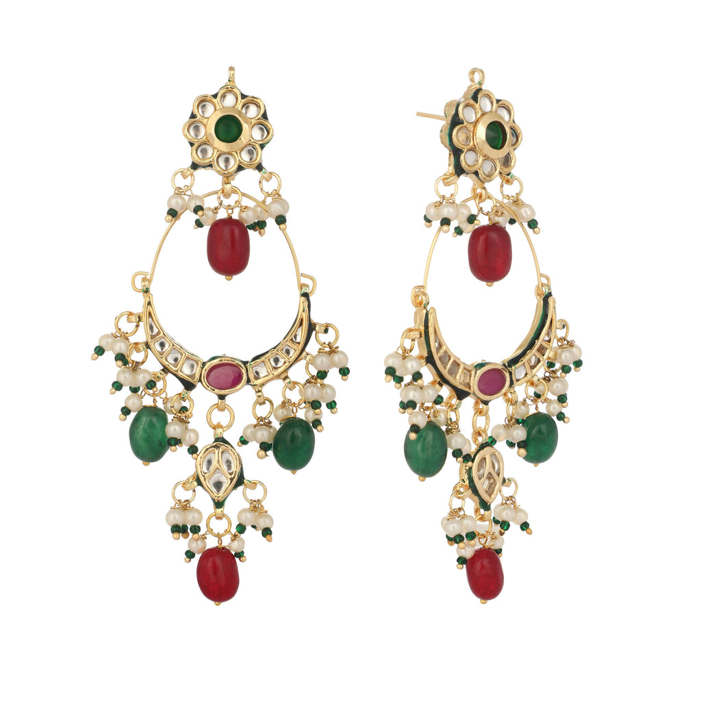 Nuyug 22K Gold Plated Crescent Kundan Drop Red Stone Chandbali Earrings | Grocsy