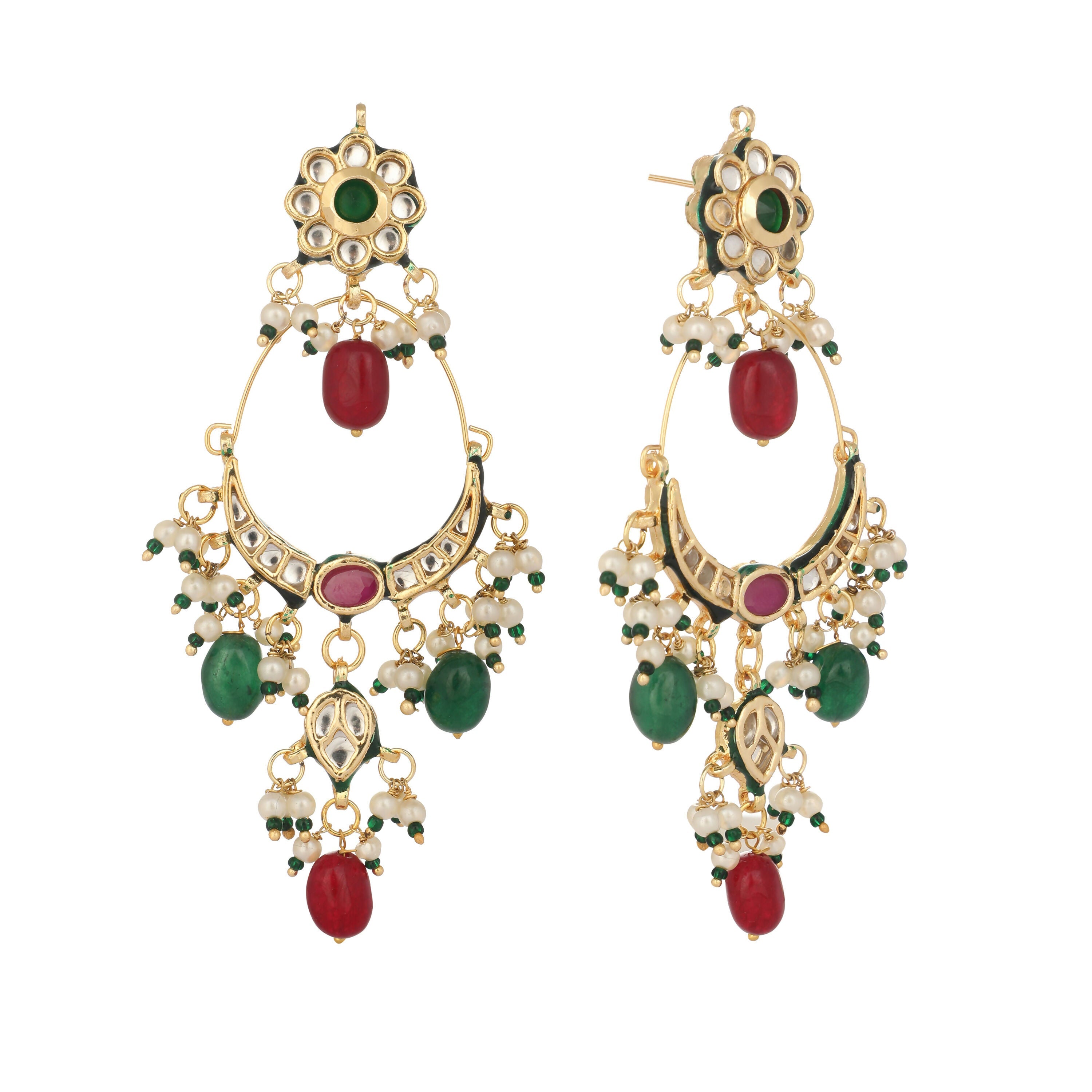 Nuyug 22K Gold Plated Crescent Kundan Drop Red Stone Chandbali Earrings | Grocsy