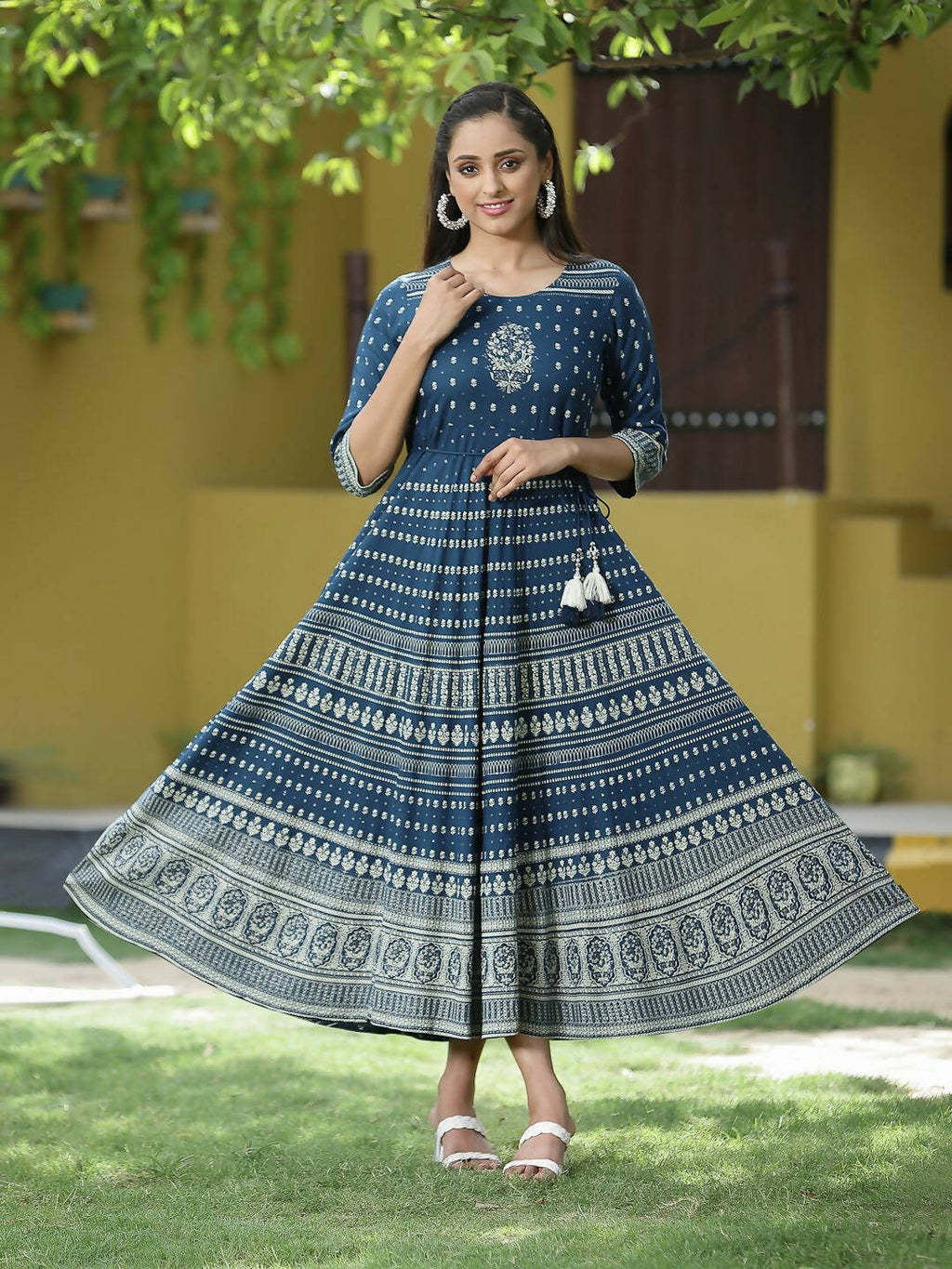 Juniper Blue Rayon Festive Printed Flared Dress For Women | Grocsy