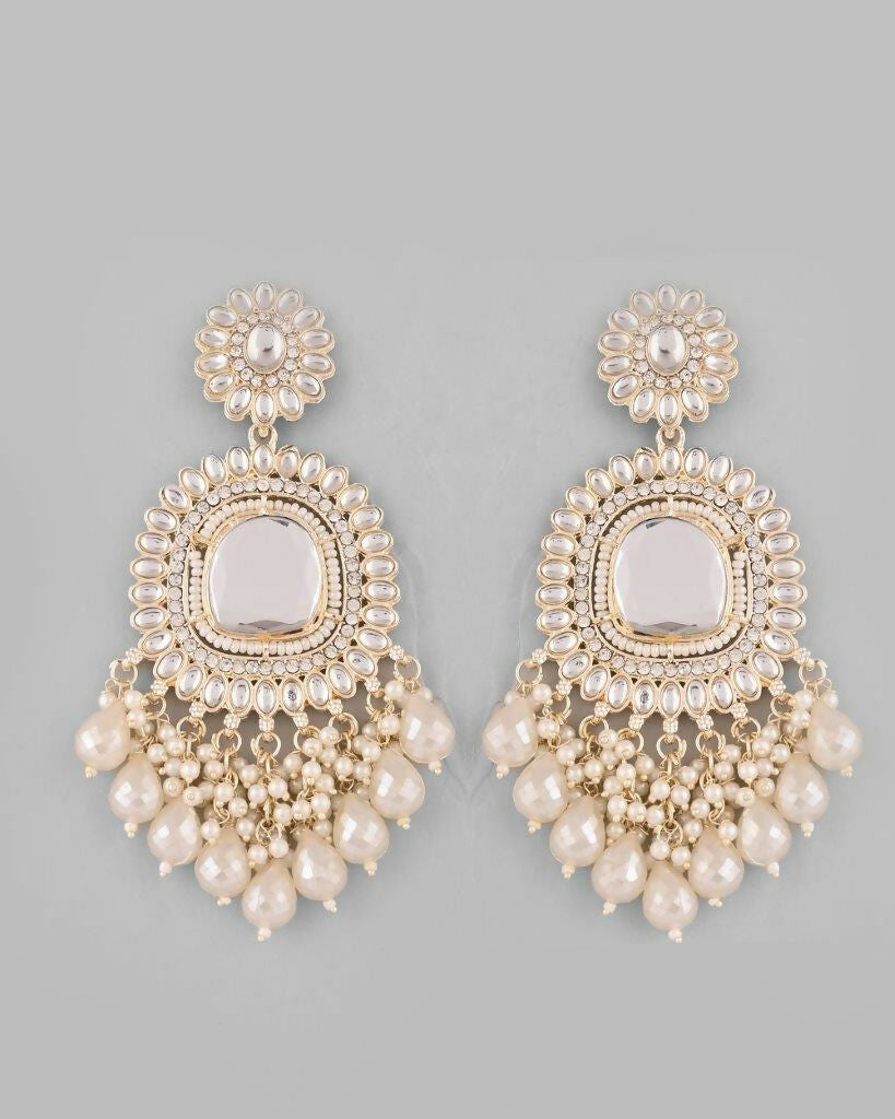 VOJ Gold-Polished Kundan And Stone Studded Drop Earrings