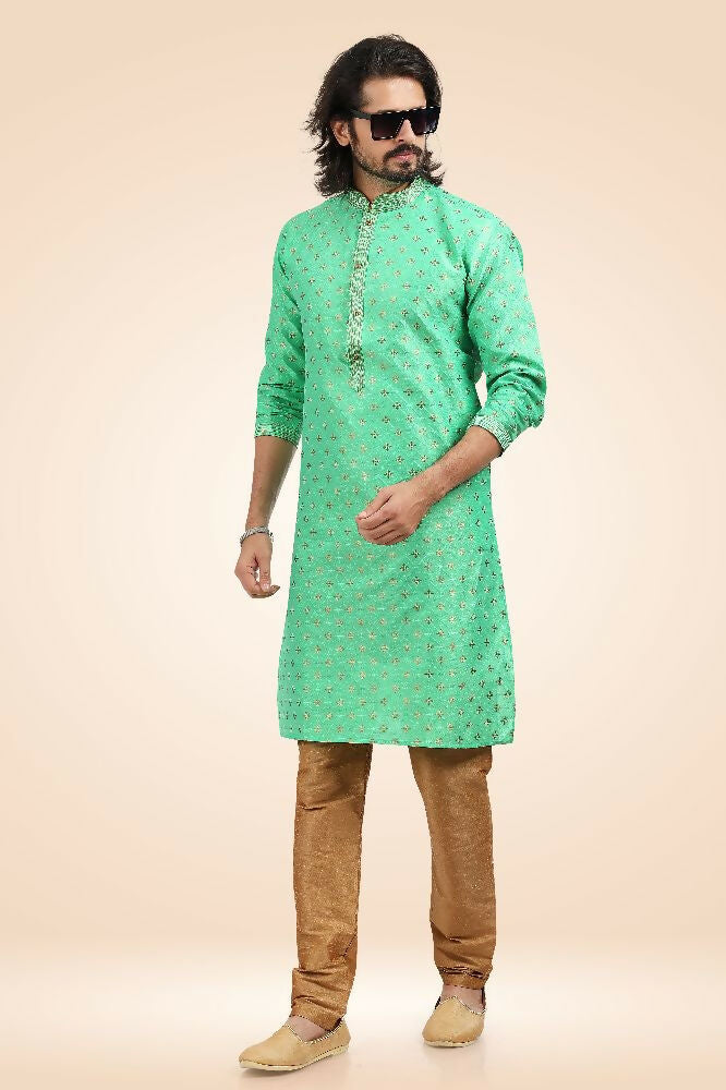 Raivat Ethnic Jacquard Banarasi Silk Pintux Work Kurta Pajama In Green Colour | Grocsy