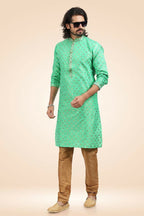 Raivat Ethnic Jacquard Banarasi Silk Pintux Work Kurta Pajama In Green Colour | Grocsy