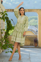 Juniper Women's Green Rayon Floral Printed Short Tiered Dress | Grocsy