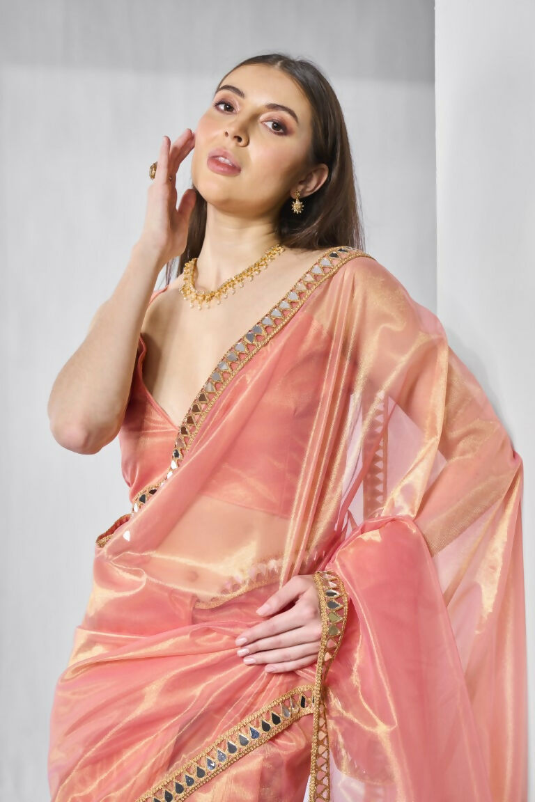 Orange Gold Tissue Net Solid & Gold Cotted Saree - Samaa | Grocsy