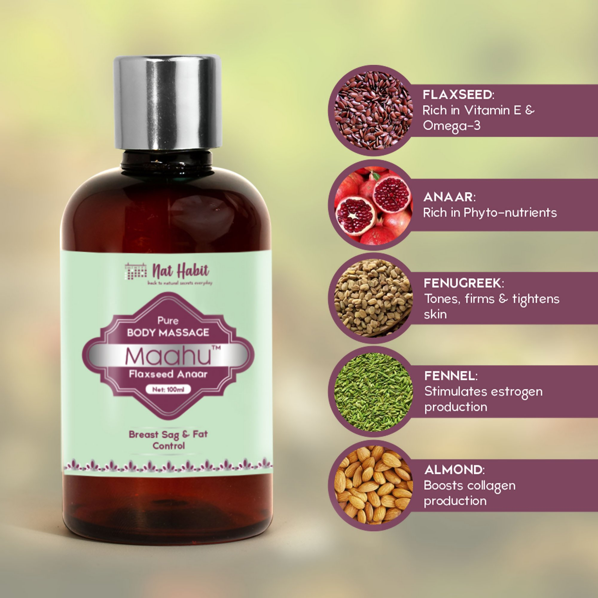 Nat Habit Pure Flaxseed Anaar Maahu Body Massage Oil | Grocsy