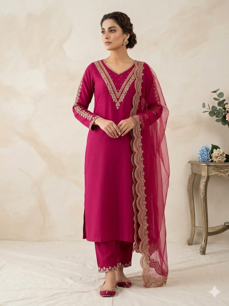 Teeya Creation New Womens Rani Pink Straight Cut Kurta Set with Scalloped Embroidered Organza Dupatta Set | Grocsy