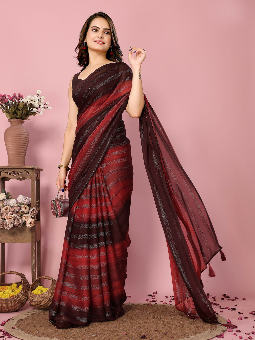 Attractive These Party Wear Ready To Wear Saree - Burgundy | Grocsy