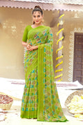 Green Chiffon Printed Ivory Print and Zari work Saree with Unstitched Blouse Piece - Shanaya | Grocsy