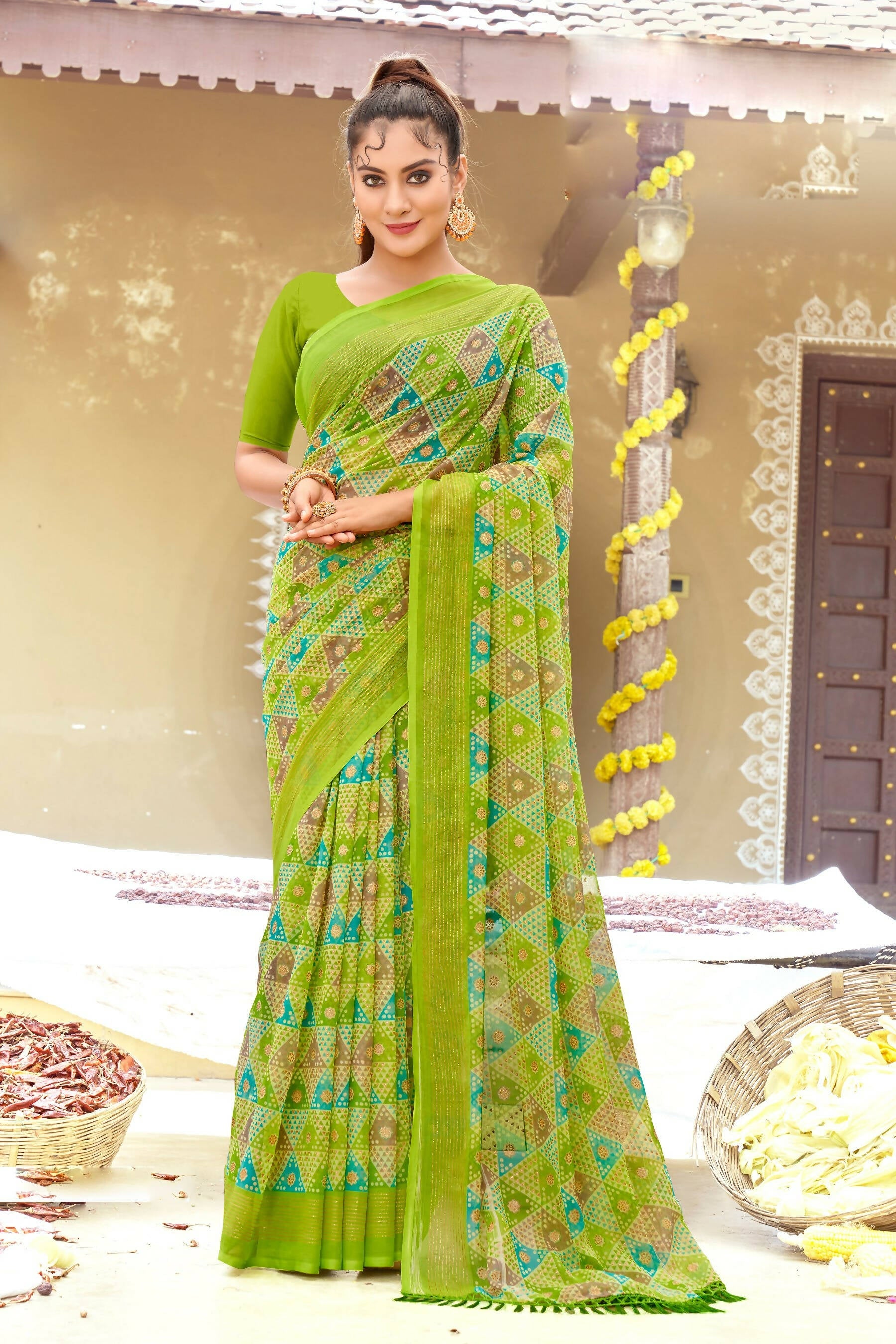 Green Chiffon Printed Ivory Print and Zari work Saree with Unstitched Blouse Piece - Shanaya | Grocsy