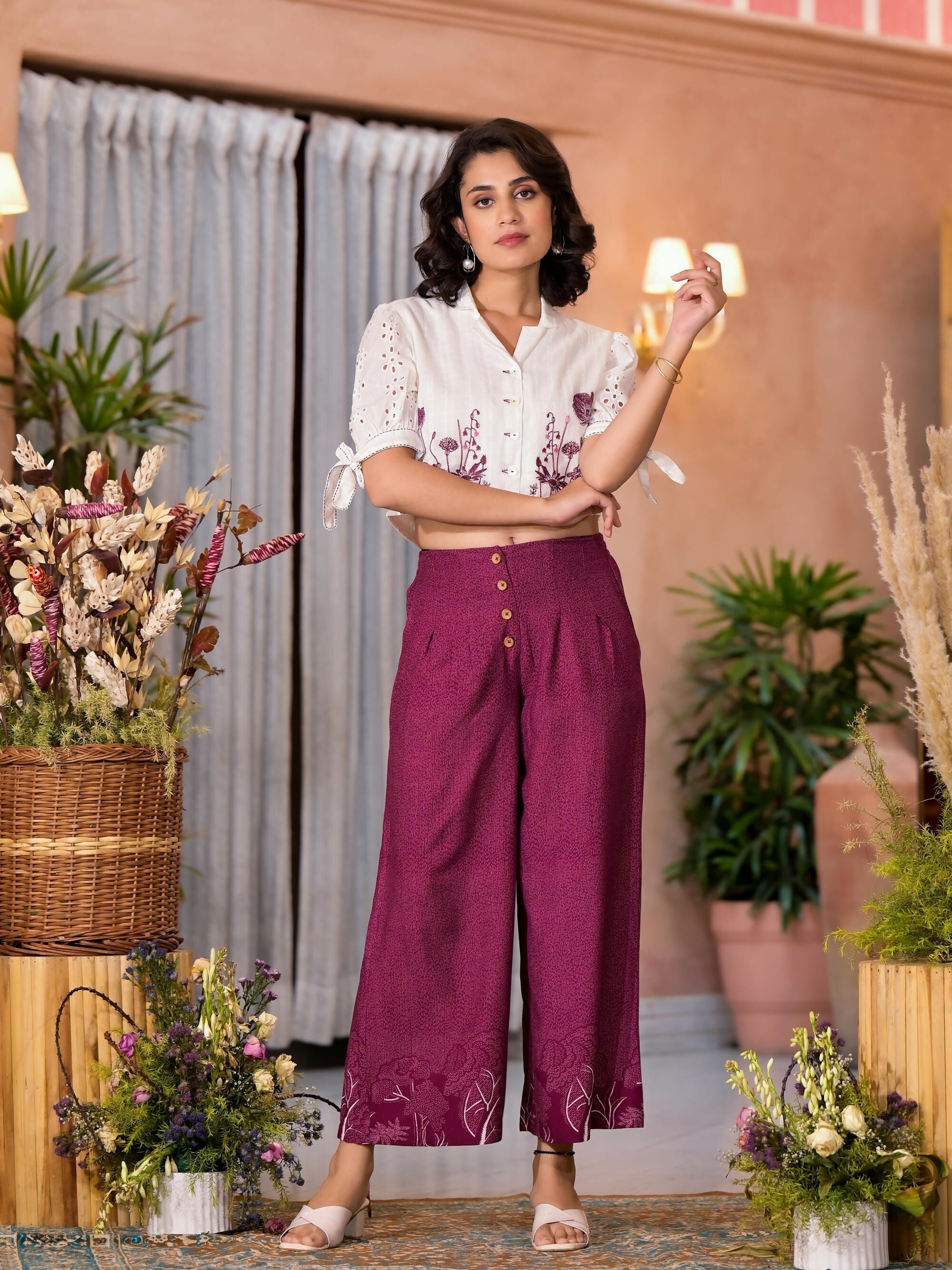 Juniper Women's Wine Thread Embroidered Cotton Shirt Crop Top & Pant Co-Ord Set With Buttons & Tie-ups | Grocsy