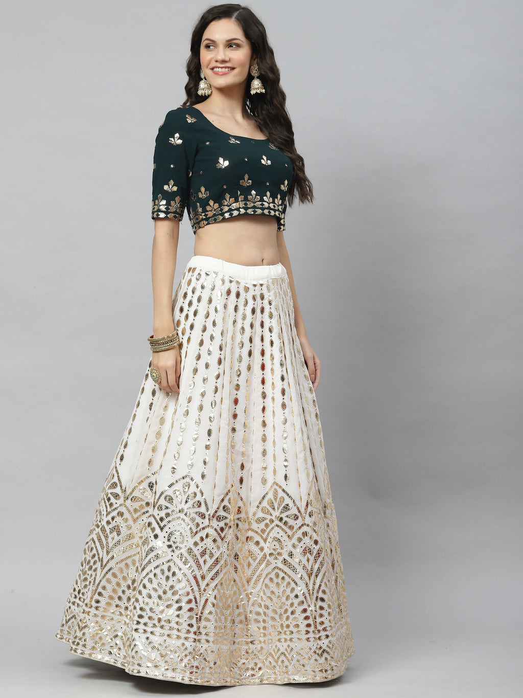 White Georgette Paper Mirror Embroidery Work Lehenga Choli with Dupatta - Jivika | Grocsy