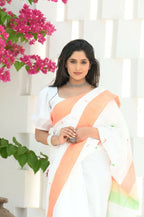 Beatitude White Cotton Handloom Saree | Grocsy