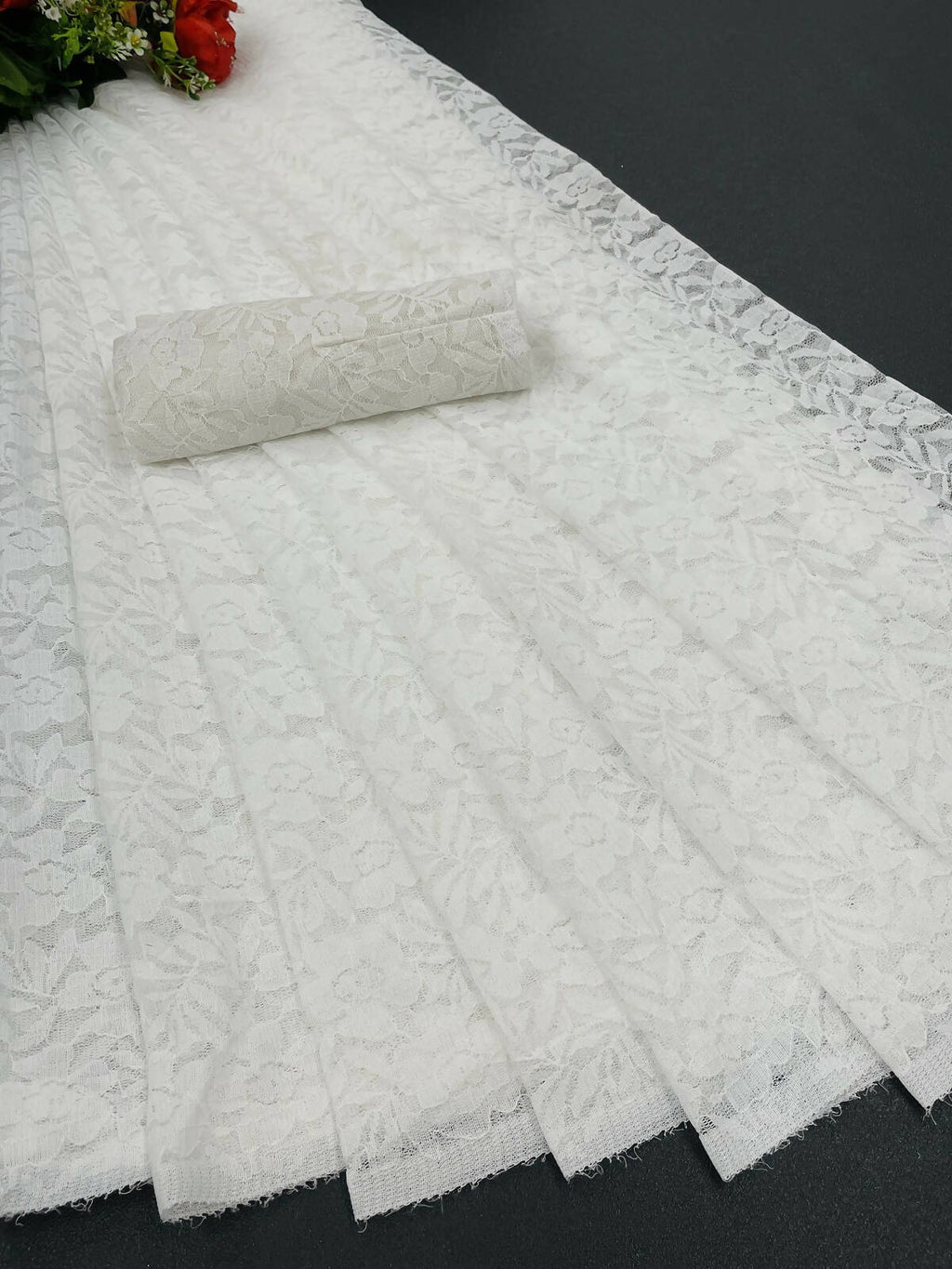 Vamika White Pearls Net Saree | Grocsy